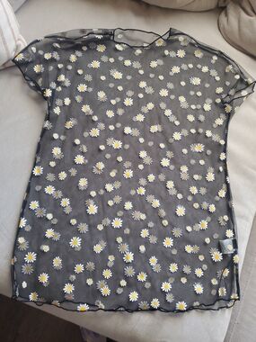 SHEIN Black Sheer Daisy Print Ruffled Top